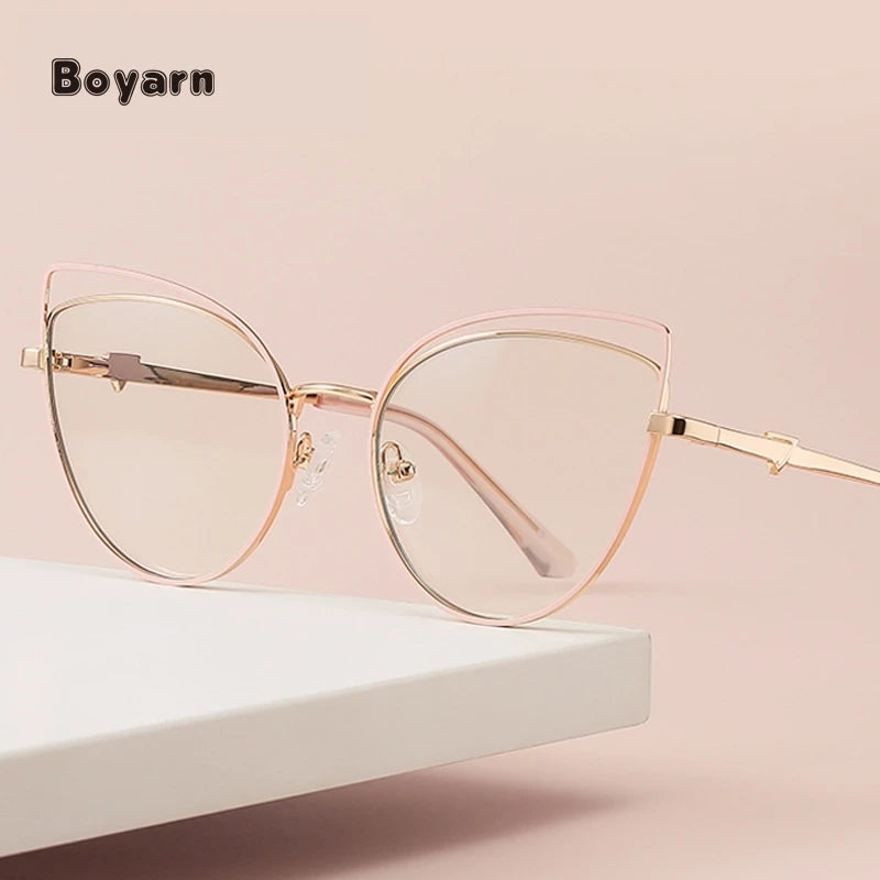 Boyarn Trendy Female Cat Glasses Frame Metal Elastic Legs Anti Blue Light Eyewear Designer Optical Glasses Frames