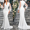 Applique Long Sleeve Court Train Formal Farm Bridal Gown V Neck Satin Mermaid Wedding Dresses