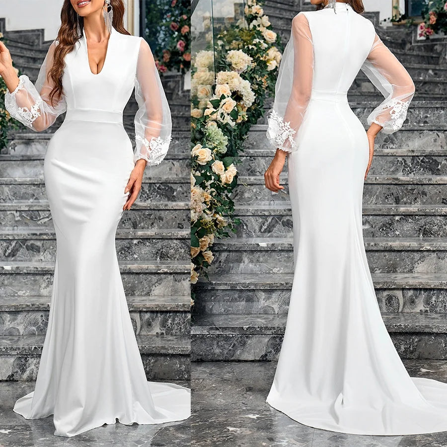Applique Long Sleeve Court Train Formal Farm Bridal Gown V Neck Satin Mermaid Wedding Dresses