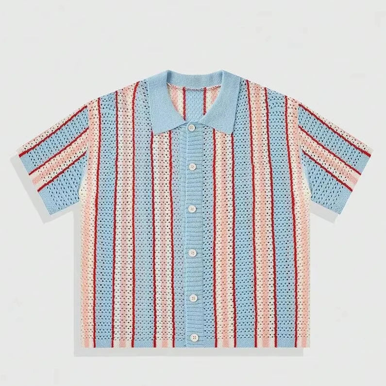 Custom Logo Men's Summer Short Sleeve Crochet Shirt Breathable Cotton Knitted Mesh Top Striped Pattern Casual Fashion Design