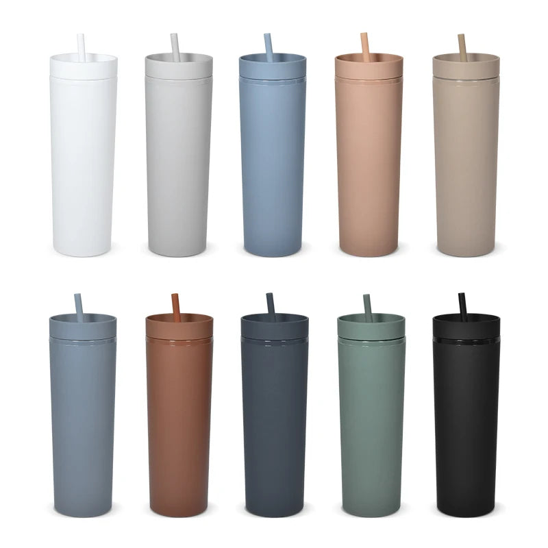 Wholesale 16oz Acrylic Skinny Tumblers Matte Colored Cups with Lids and Straws Double Wall Plastic Tumblers with Straw