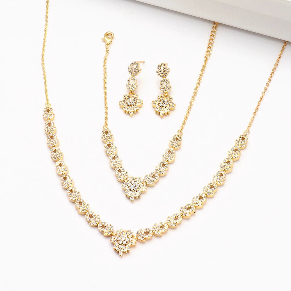 JXX Costume Luxury Wedding Set for Women Pave Setting Diamond Zircon Jewelry Set 24K Dubai Gold Jewelry Set