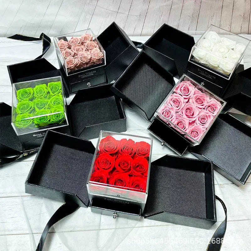 New Products Customized Eternal Flowers Luxury Gifts Roses in Acrylic Jewelry Box Preserved Rose for Mother's Day