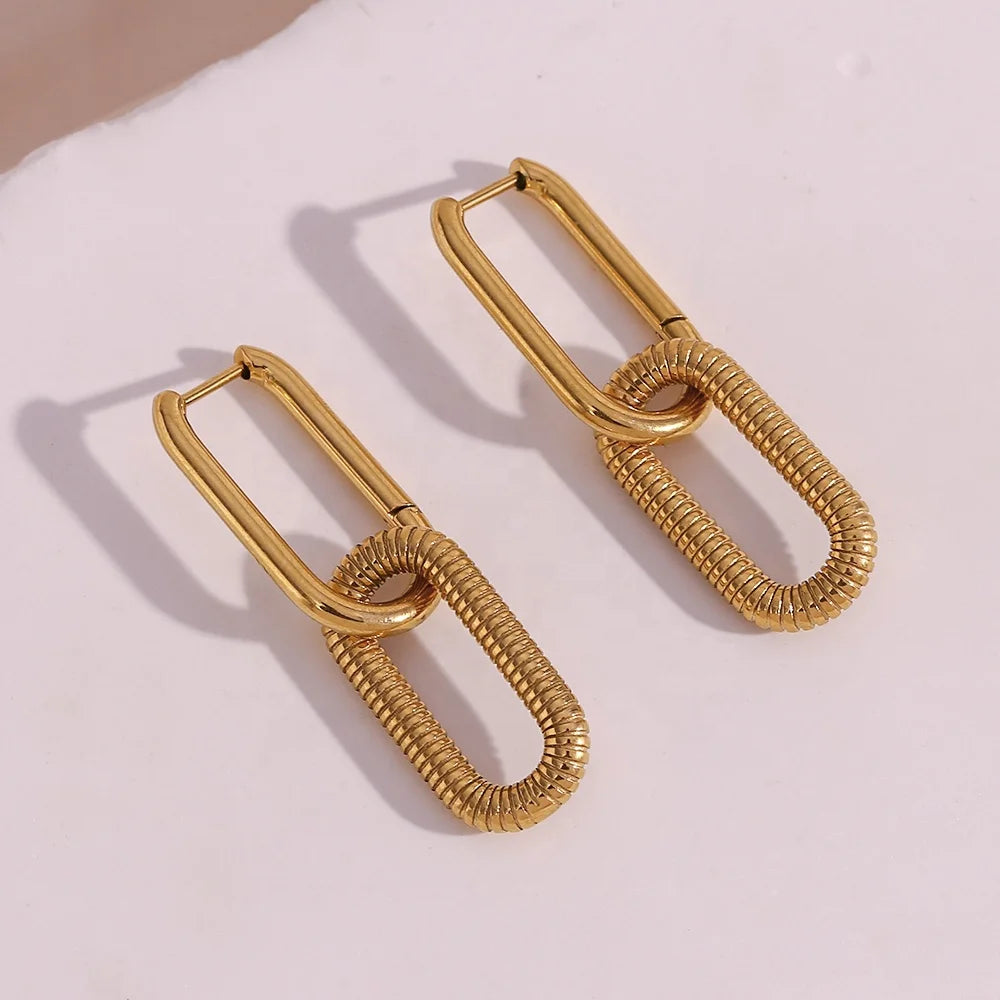 INS Hot Minimalist Engraved Paper Clip Drop Earring 18k Gold Plated Stainless Steel Jewelry