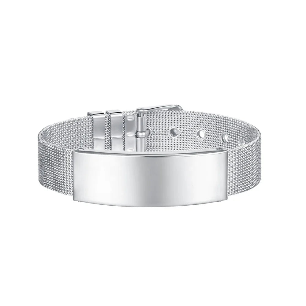 MECYLIFE Fashion Adjustable Men's Women's Wide Cuff Bracelet Custom Engraved Slide ID Bar Mesh Bracelet