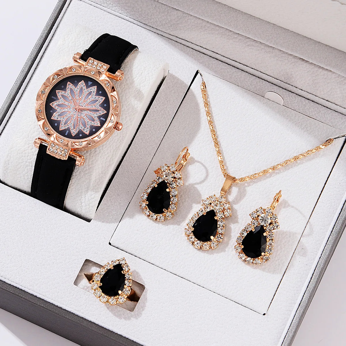 New Gemstone Luxury Necklace Watch Set Women's Quartz Watch Exquisite 4 Piece Jewelry Set