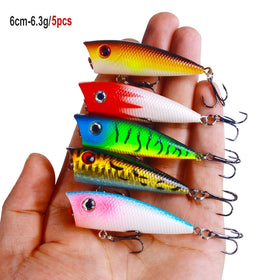 5pcs 6cm 6.3g Popper Fishing Lure Hard Bait Artificial Topwater Bass Trout Pike Wobbler Fishing Tackle with 2 Treble Hooks