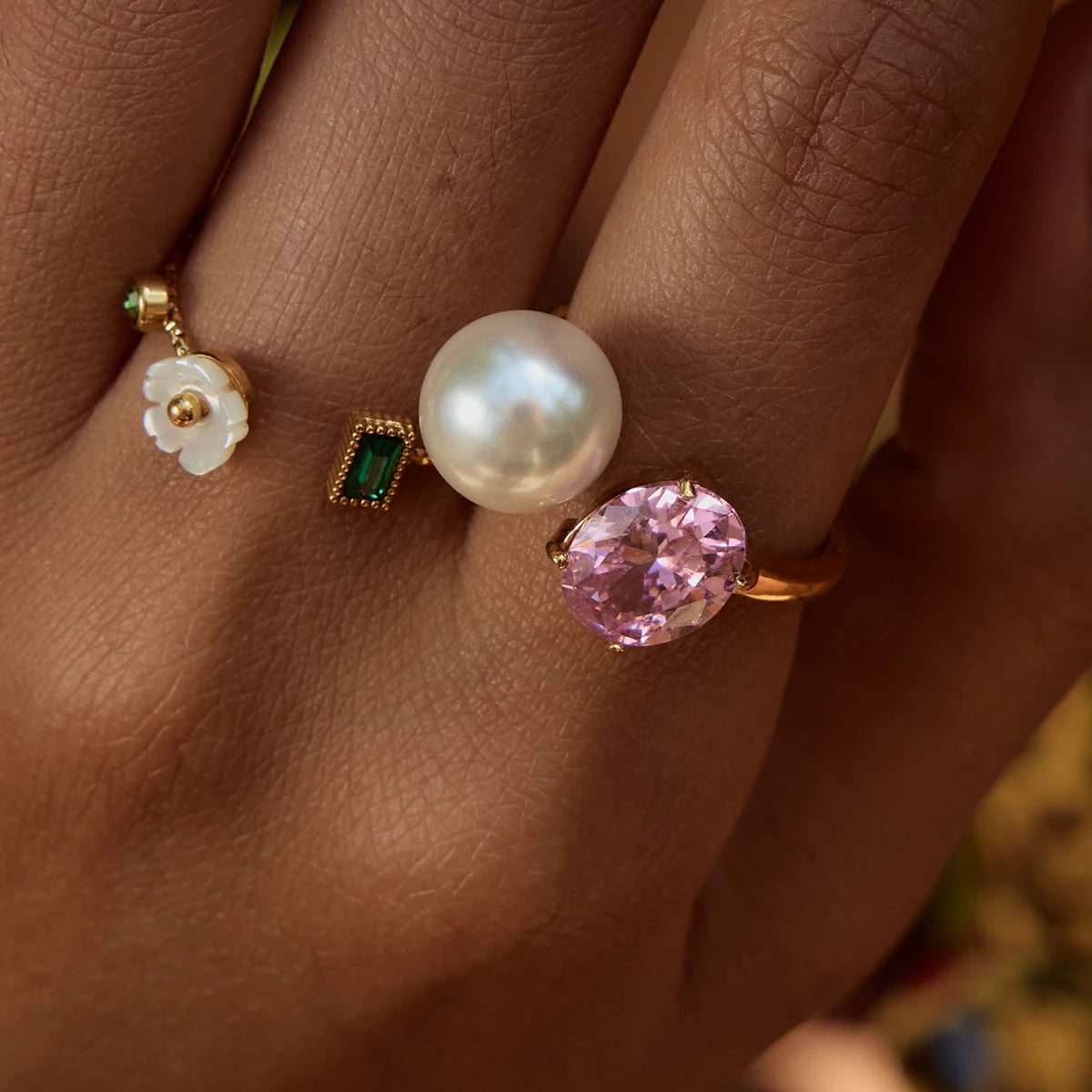 J&D Romantic 18K Real Gold Plated Tarnish Free Adjustable Pink Cubic Zircon Pearl Open Rings