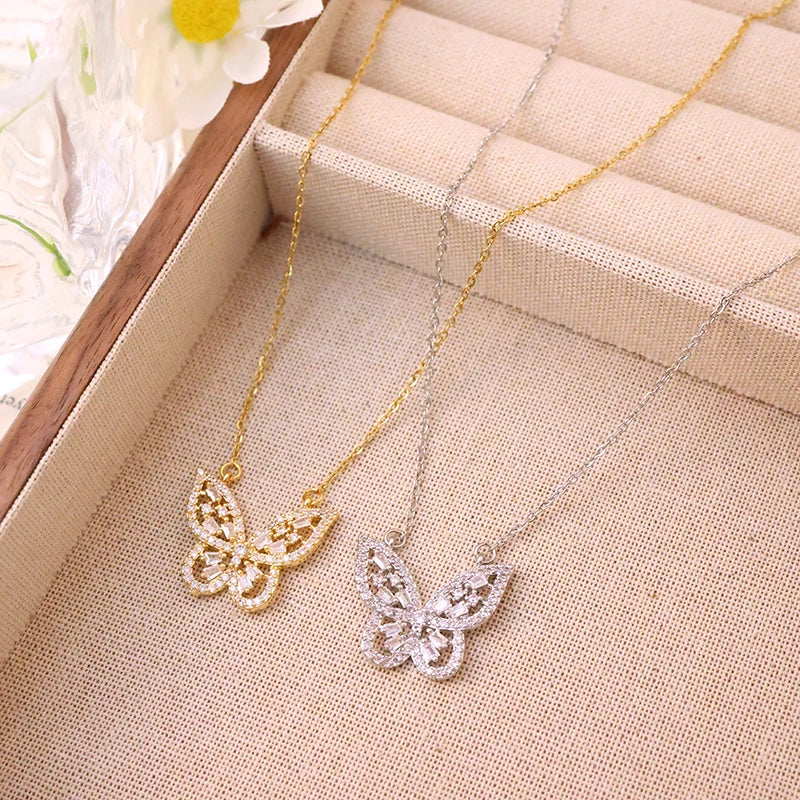 Luxurious and Delicate Stainless Steel and CZ Diamond Silver Plated butterfly Necklace.