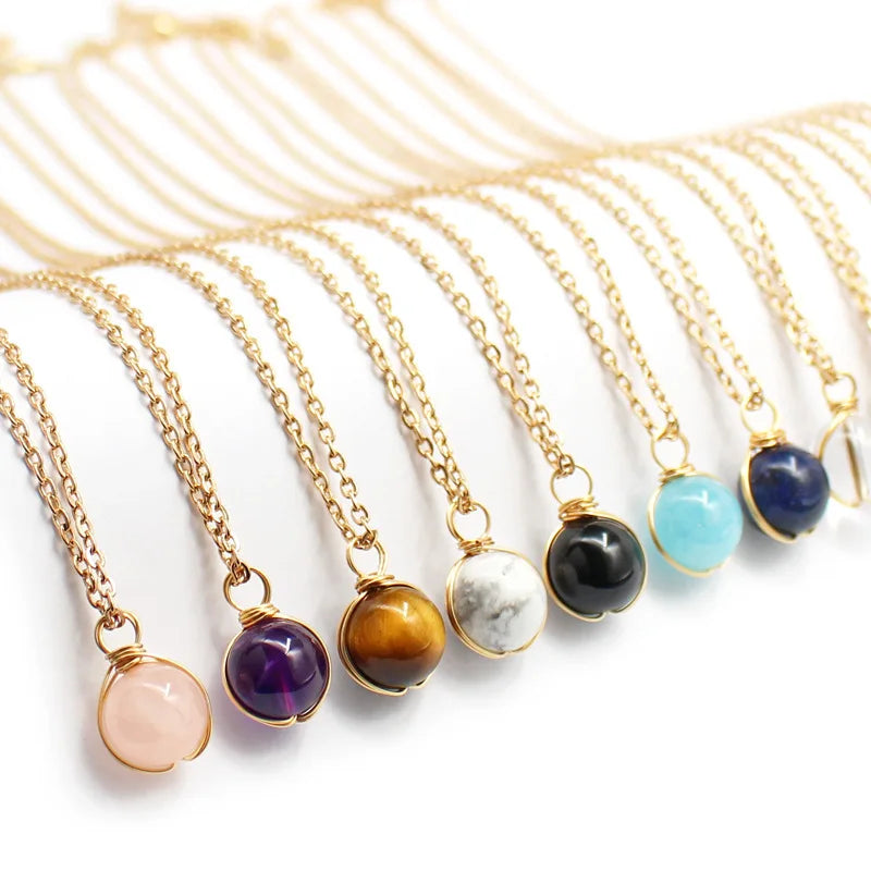 Wholesale New Natural Stone Wire Wrapped 12mm Bead Pendant Necklace with Stainless Steel Chain Gemstone Jewelry Amethyst Pendant
