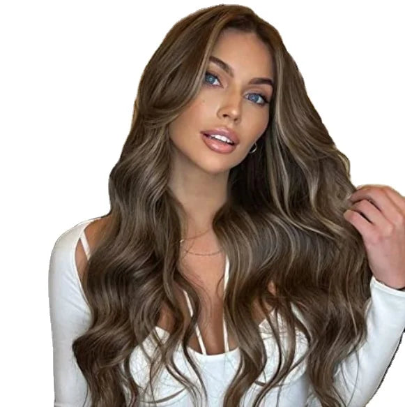 Sleek Wholesale Manufacturer Cheap Brown Blond Heat Resistant Fiber Long Body Wave Swiss HD Lace Front Wig Synthetic Hair Wigs