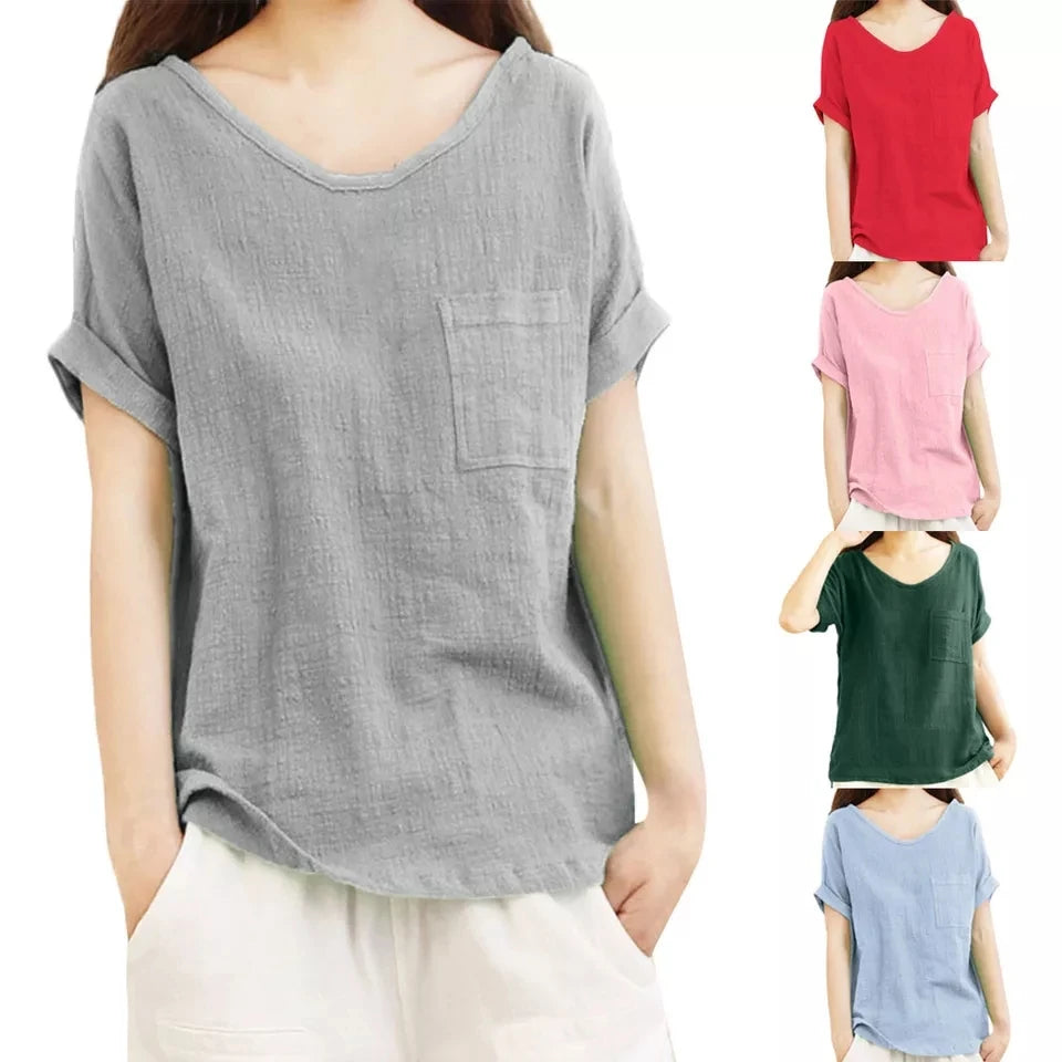 Blouse Women Blusas Mujer De Moda Ladies Short Sleeve Pocket Cotton and Linen Shirts Top Blouse Chemisier Femme Women Blouse