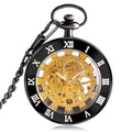 Open Face Gold Gear Roman Numerals Mechanical Pocket Watch Hand Winding Black Case Roman Numerals Pedant Gift for Men Gift