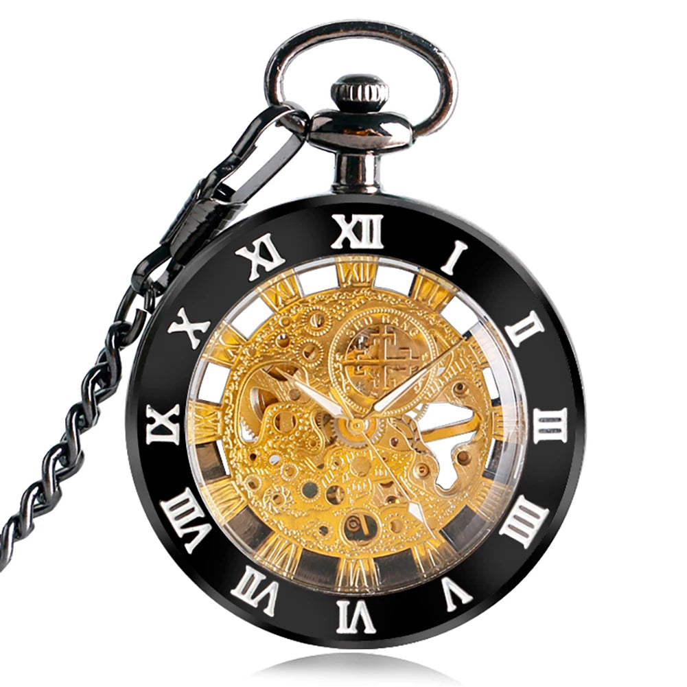 Open Face Gold Gear Roman Numerals Mechanical Pocket Watch Hand Winding Black Case Roman Numerals Pedant Gift for Men Gift