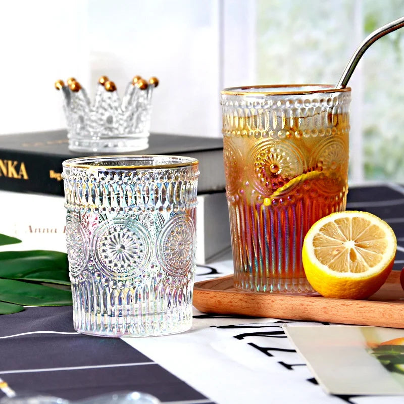 Antique Class Cups Clear Color Golden Edge Fancy Embossed Glass Cups Sunflower Pattern Juice Wine Milk Cup with Golden Edge