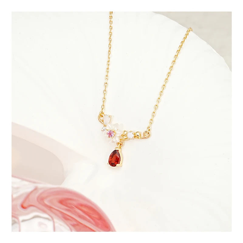 free design 925 sterling silver natural shell flower Drop Mossan garnet necklace collarbone chain female