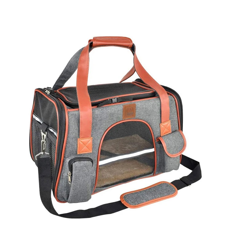 Upgrade air Pet Leather Carrier Bag Travel Folding Portable Car Seat Soft Sided Pet Crate for Cats