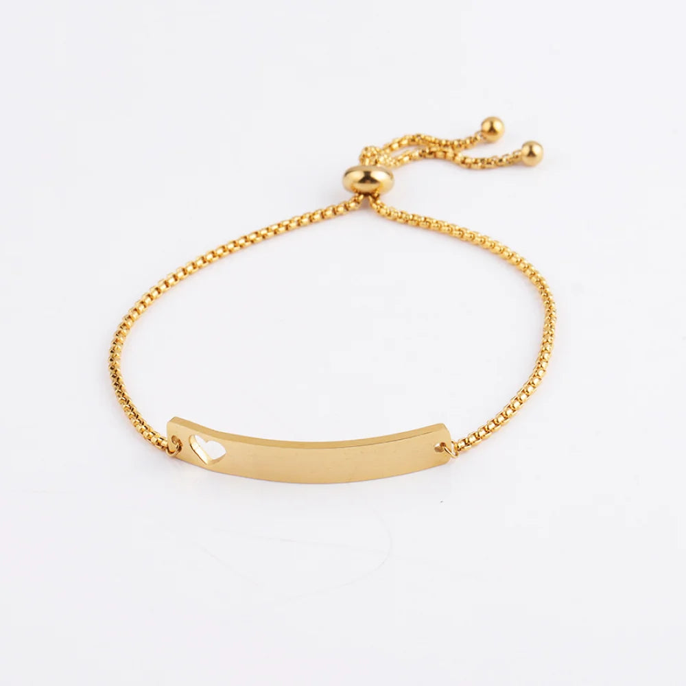 Tarnish Free Waterproof Personalized Fashion Jewelry Gold Plated Stainless Steel Laser Heart Blank Bar Diy Custom Print Bracelet