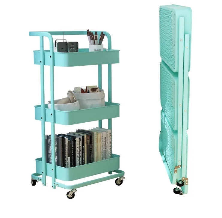 DSH Durable Home Metal 3 Layers Folding Storage Rack Cart Foldable Trolley Cart