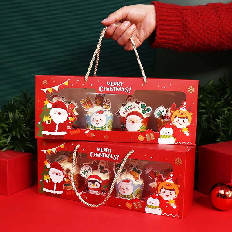 1 2 4 6 Holes Christmas Cupcake Box with Inserts Eve Whosale Packaging Mini Cake Boxes with Handle Window