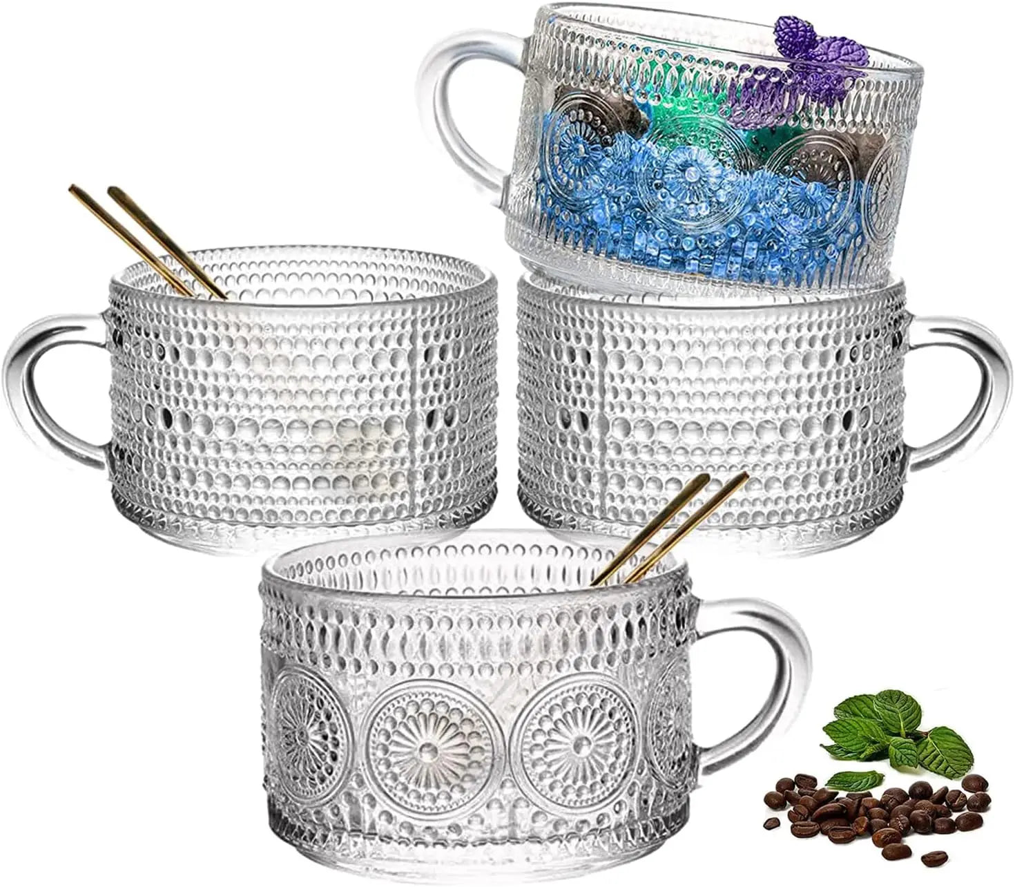 Modern Embossed Transparent Glass Coffee Mugs with Handle 400ml Dishwasher Safe Breakfast Drinkware Cup