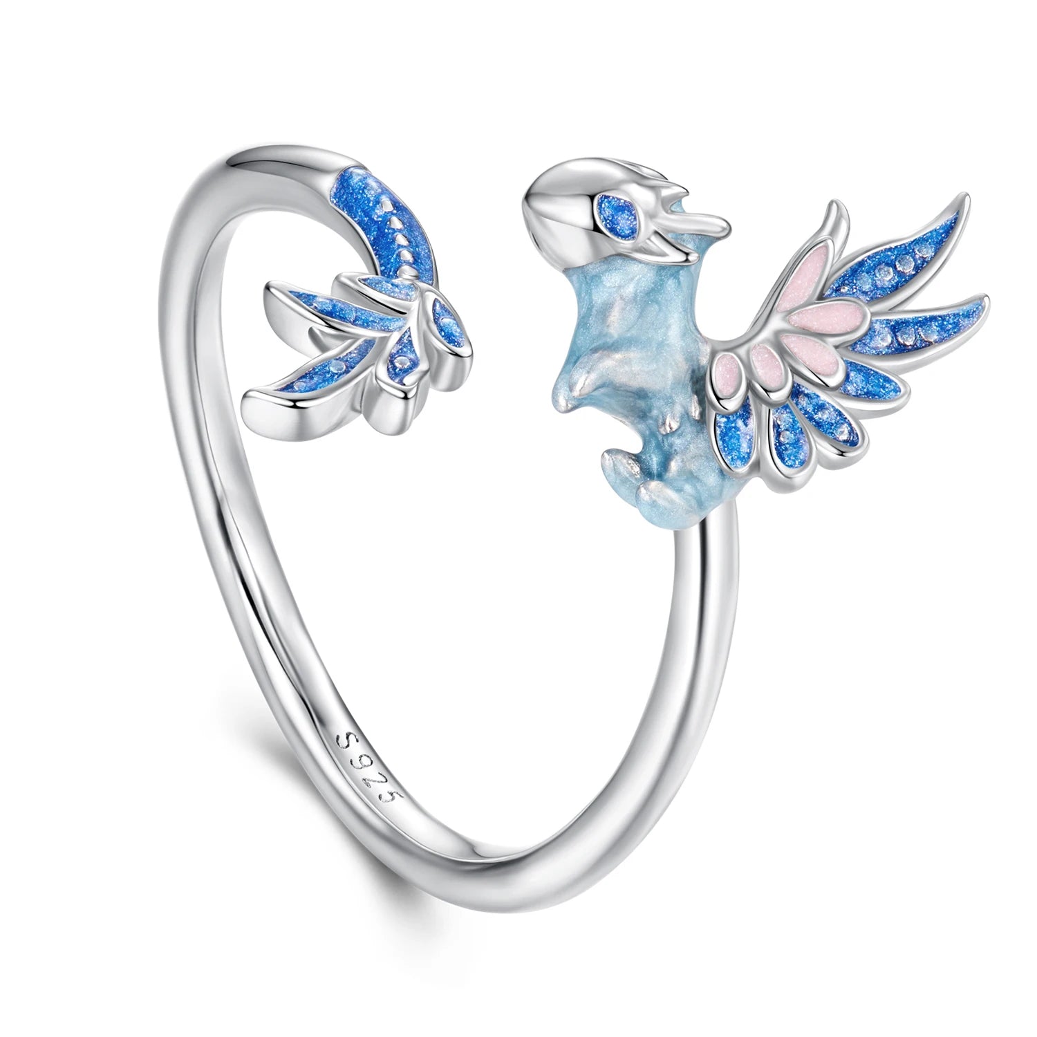 925 Sterling Silver Flying Dragon Open Ring Blue Enamel Band Plated White Gold for Women Party Original Fine Jewelry SCR1135