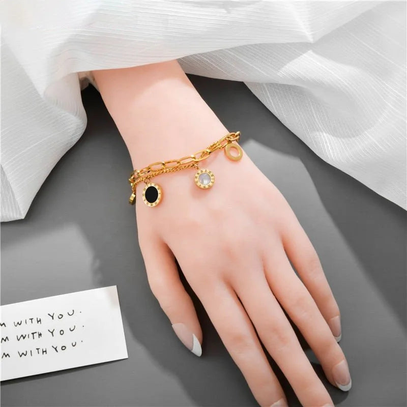 Rinhoo Classic Round Roman Numerals Shell Charm Stainless Steel Bracelet Double Layer Chain Bracelet Luxury Women Jewelry