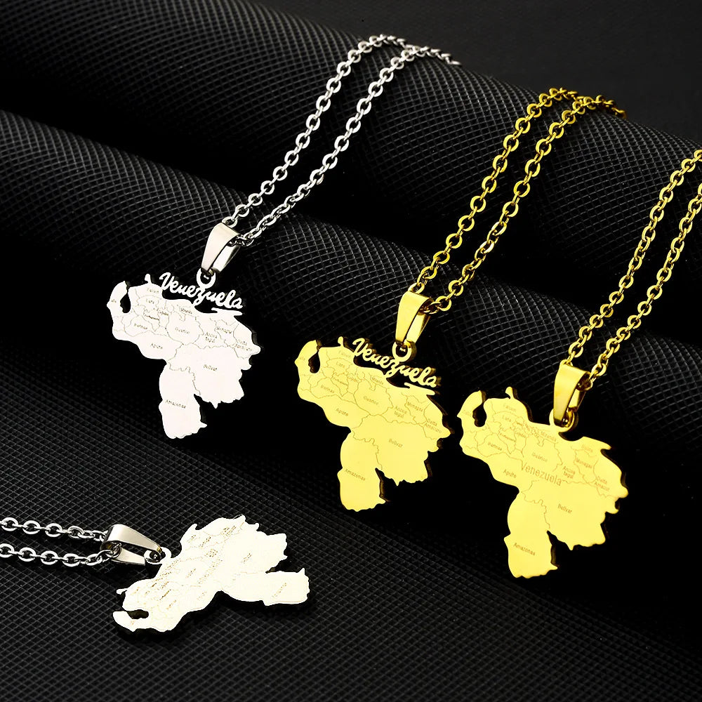 Stainless Steel Venezuela Map Chain Necklace 18K Gold Plated Venezuelan National Flag Map Pendant Link Chain Necklace
