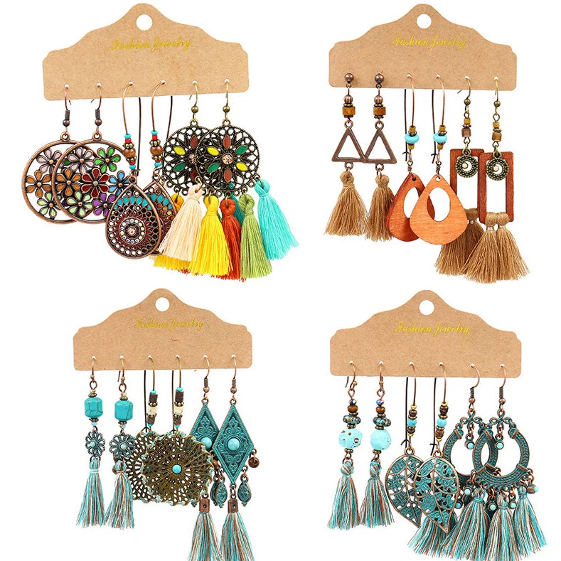 3pair/card Ethnic Antique Gold Bronze Plated Leaf Shell Vintage Tassel Pendant Women Boho Earring Set Jewelry