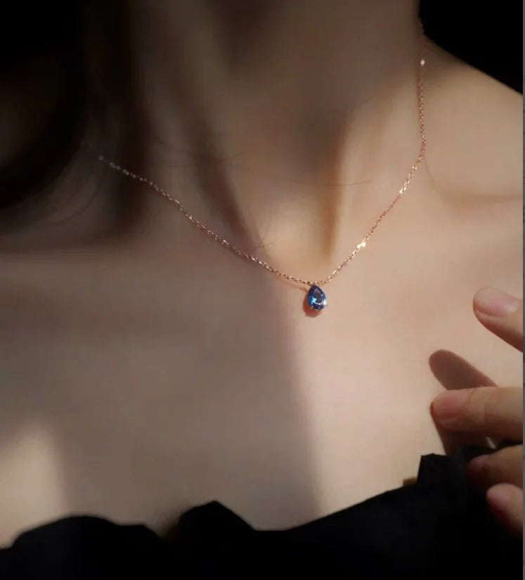 14K Gold Plated 925 Sterling Silver Necklace London Blue CZ Droplet Chain Choker Necklace for Women