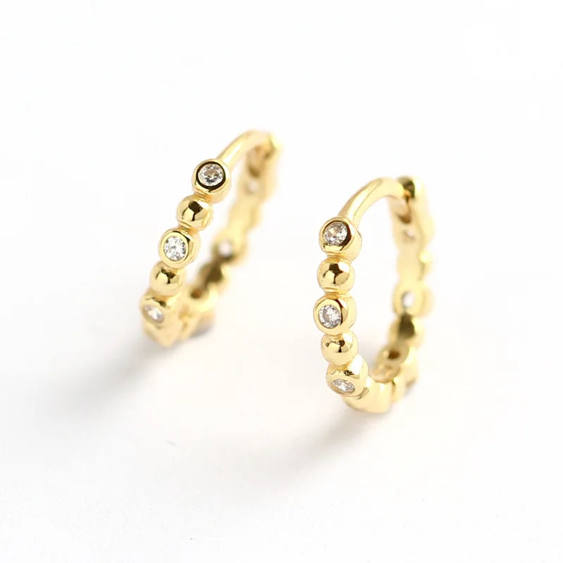 925 Sterling Silver Connected Tiny Ball Zircon Huggie Hoop Earrings for Women and Girls