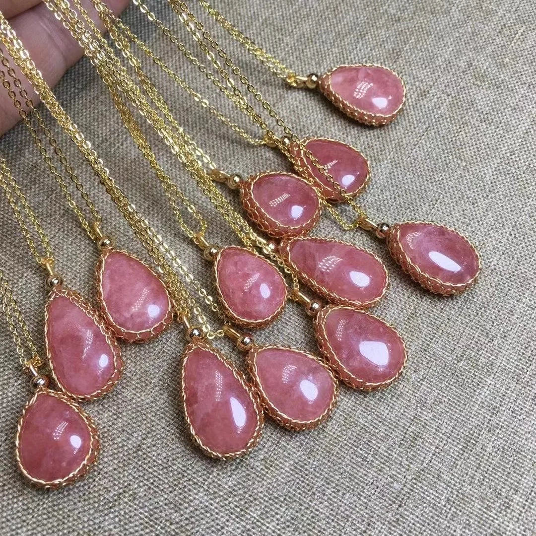 Healing Crystal Stones pink Fashion Jewelry Rhodochrosite Hand Wrapped Tear Shaped Pendant Necklace