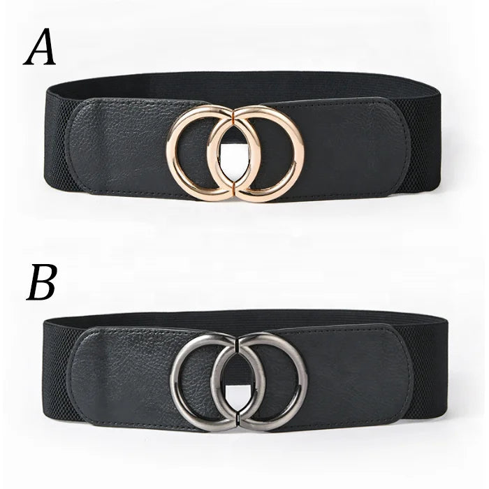 Versatile Fashion Accessory Elegant and Simplistic Women's Crescent Hook Double Ring Buckle Wide Stretch Belt for Dresses