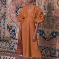 2025 Spring New Temperament V-neck Single-breasted Lantern Sleeve Embroidery Mid-length Dress for Women