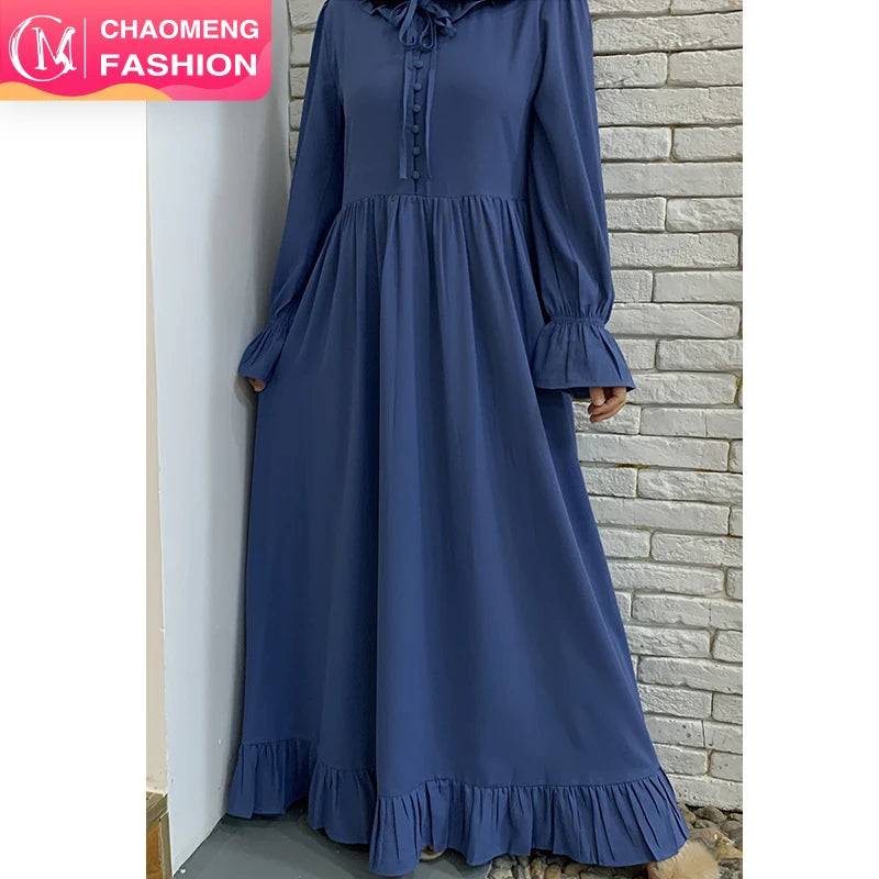 6389# New Coming High Quality Nida Dress Pleated Big Hem Style Cute Buttons Long Sleeve Maxi Dress Islamic Muslim Dresses