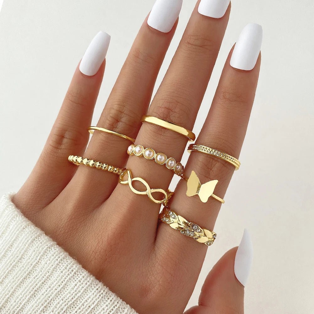 VKME 8Pcs/Set Gold Color Butterfly Pearl Ring Set Wholesale for Women Jewelry
