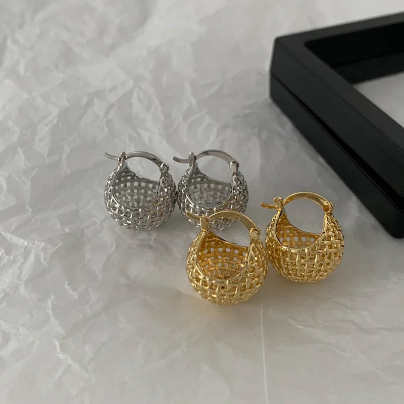 New Vintage French Hollow Basket Dripping Oil Irregular Drop Earrings Gold Plated Fashion Aretes Basket Earrings