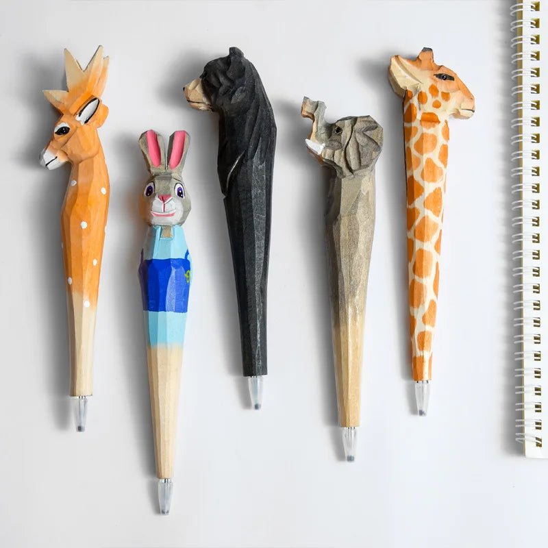 Fun Custom Animal Sculpture Ballpoint Ball Gift Gel Pen School Stationary Novelty Wood Carved Animal Shape Cute Pens