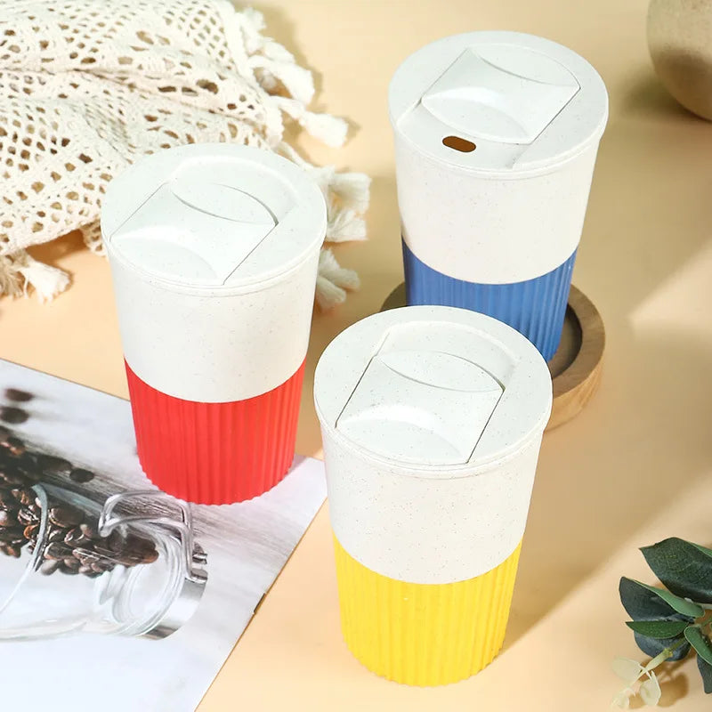 Logo Custom Wheat Straw Fiber Cup 400ml Reusable Unbreakable Mug Camping Coffee Mug With Silicone Sleeve