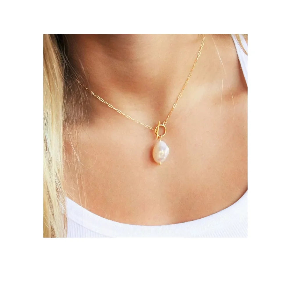 Baroque Silvery Freshwater Pearl Long Pendant Necklace Paperclip Toggle Drop Stainless Steel Necklace for Women