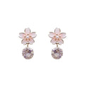 Japanese Korean Pop Zircon Cherry Blossom Earrings Cubic Zirconia Round Pink Enamel Sakura Flower Drop Earrings for Girl