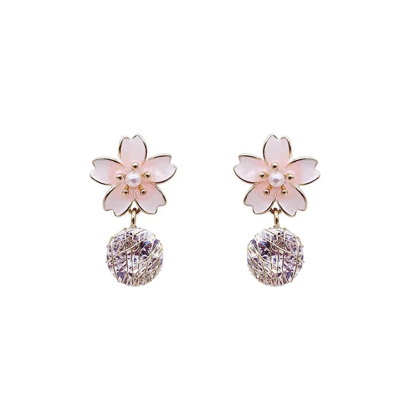 Japanese Korean Pop Zircon Cherry Blossom Earrings Cubic Zirconia Round Pink Enamel Sakura Flower Drop Earrings for Girl