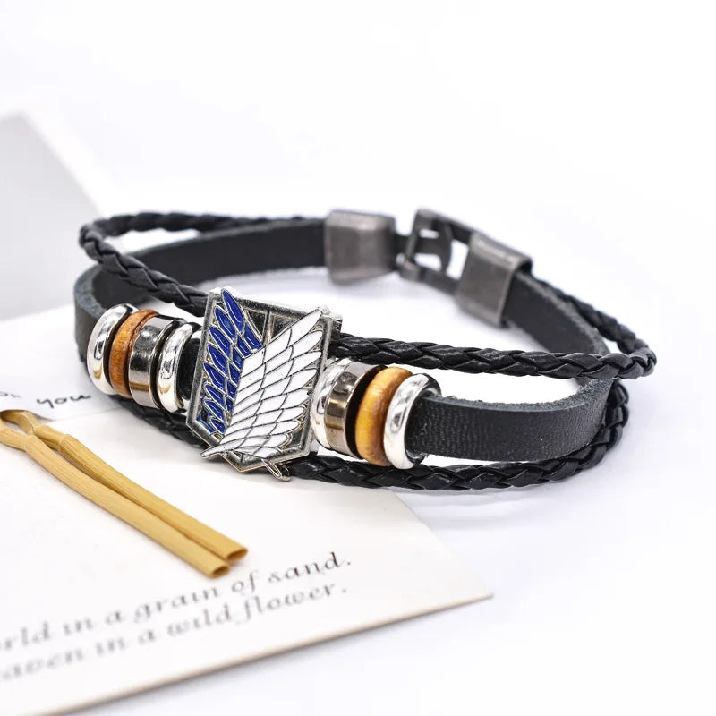 Wholesale Accessories Leather Braided Bracelet Attack on Titan Wings of Freedom logo Anime Bracelet