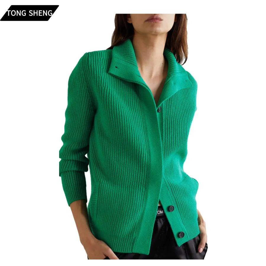 2026 New Arrivals Custom Made Spring Fall Ribbed Cotton Polyester Polo Green Cardigan Sweater Women Femme