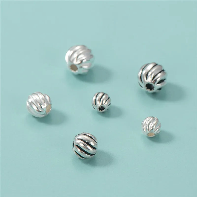 4mm 5mm 6mm Antique S925 Sterling Silver Round Stripe Beads Engrave Spiral Watermelon Spacer Beads for Bracelet Jewelry Making