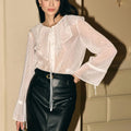 Enyami Ruffle Lantern Long Sleeve See Through Blouse Shiny Mesh Casual Loose Style Office Button Black White Round Neck Shirt