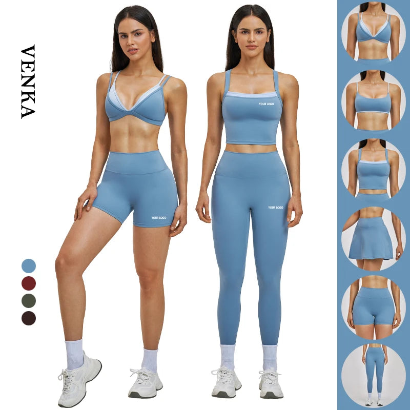 High Waist Butt Lift Tight Pants Solid Breathable 6-Piece Sports Bra Anti-Exposure Tennis Skirt Ladies Sport Yoga Sets