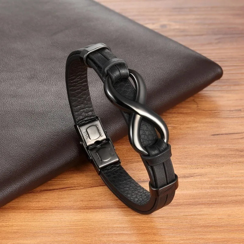 SC Stainless Steel Leather Bracelet Infinity Logo Men Bracelets Adjustable Handsome Gift Wholesale Leather Bracelet for Men
