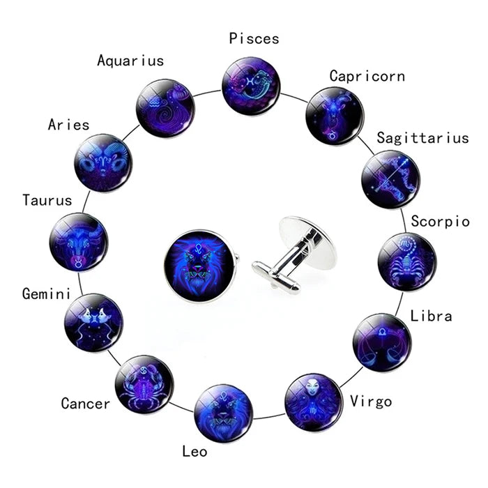 Custom Metal Round Cufflinks for Men Men's Birthday & Valentine's Day Gift Plated Printed Enamelled Logo Zodiac Design Souvenir
