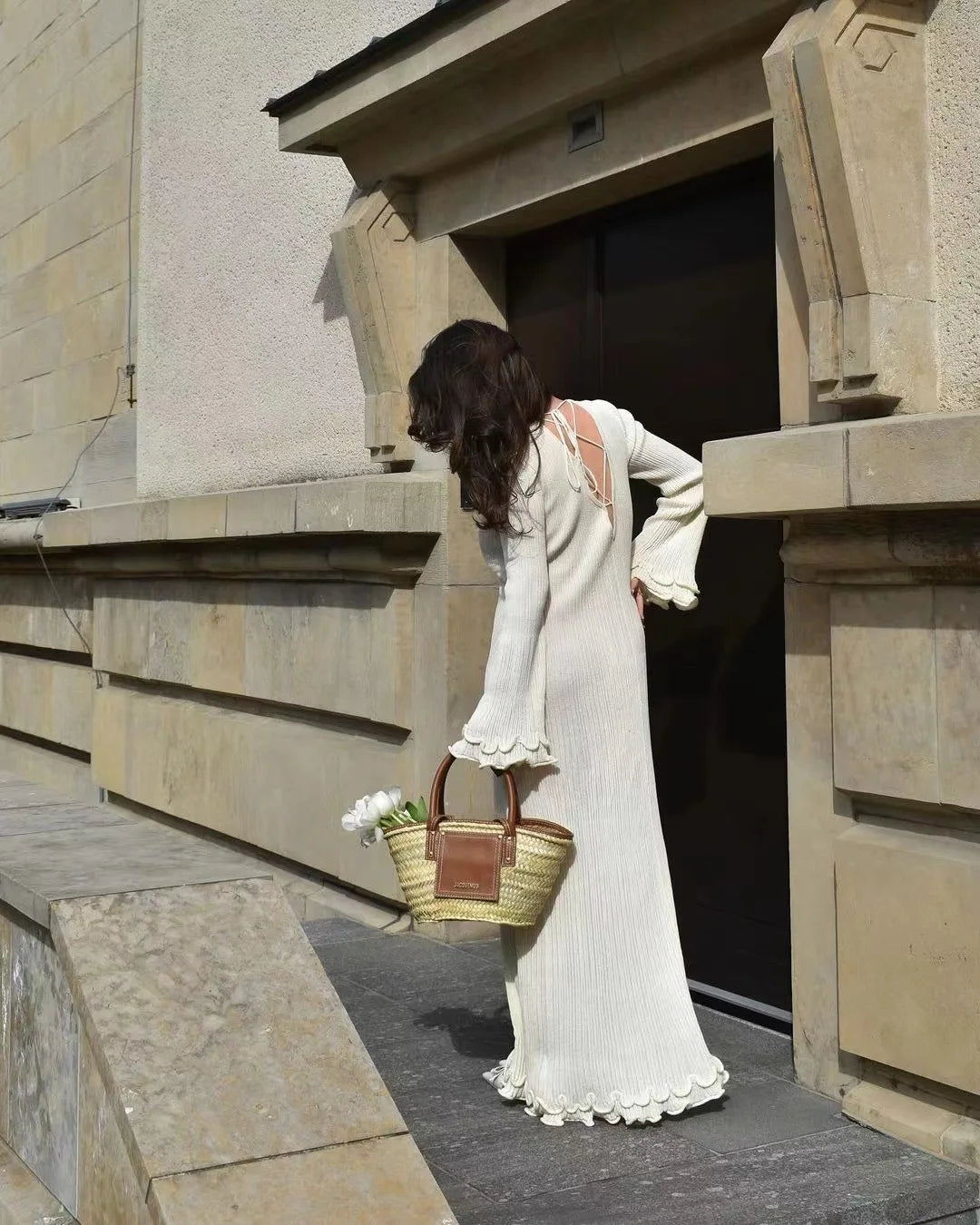 Long Sleeve Elegant Ladies Casual New Design Autumn Dress Pleated Apricot Puff Sleeve Polyester Long Maxi Dress Women